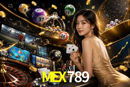 Una escena digital vívida inspirada en casino con MEX789 mostrado prominentemente, luces brillantes, fichas, cartas y acentos dorados.