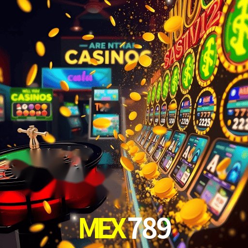 Escena dinámica inspirada en casino con iluminación MEX789, cartas, fichas e íconos de juegos digitales en un espacio moderno de juegos.