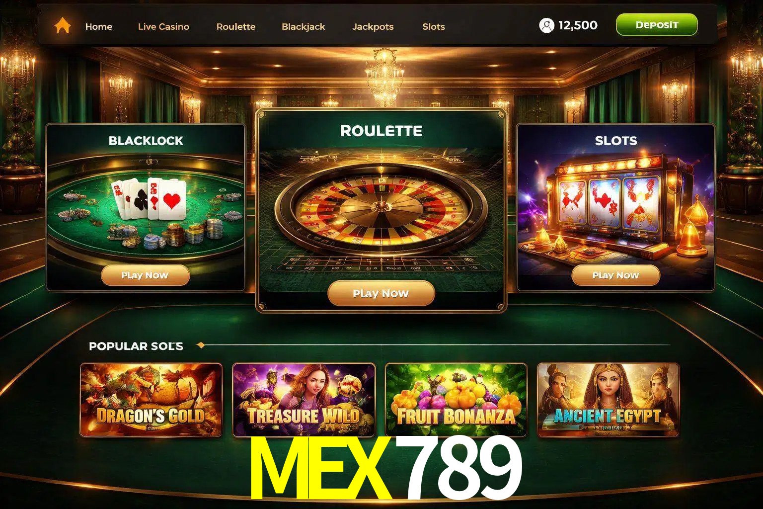 Vista de la plataforma MEX789 Casino mostrando categorías organizadas de juegos en línea